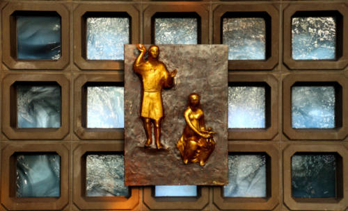 Bronzerelief mit Josef, Maria und dem Christuskind